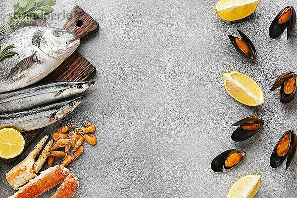 Draufsicht frischer Meeresfrüchte Tisch. Auflösung und hohe Qualität schönes Foto