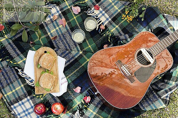 Draufsicht Picknick mit Akustikgitarre