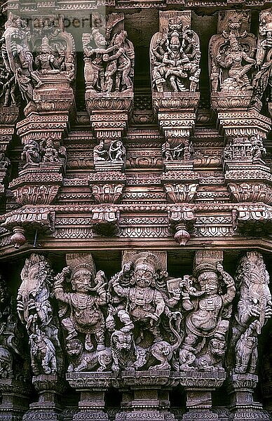 Holzschnitzereien aus dem 17. Jahrhundert im Meenakshi-Sundareswarar-Tempel Chariot in Madurai  Tamil Nadu  Südindien  Indien  Asien