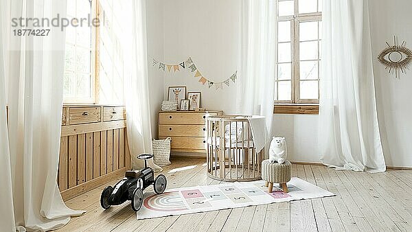 Frontansicht Kinderzimmer mit rustikaler Inneneinrichtung. Auflösung und hohe Qualität schönes Foto