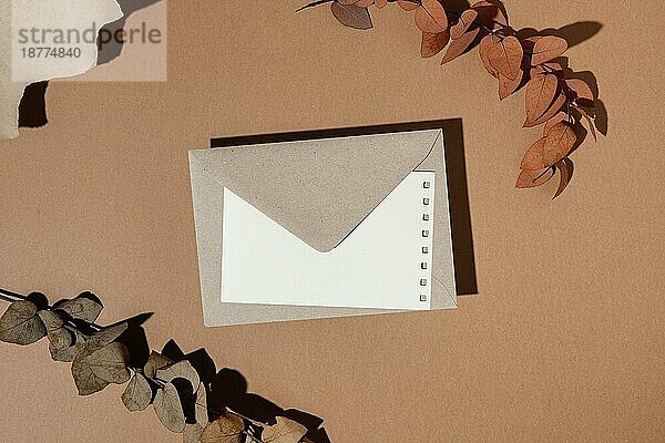 Ansicht von oben Briefpapier Umschlag mit getrockneten Blättern