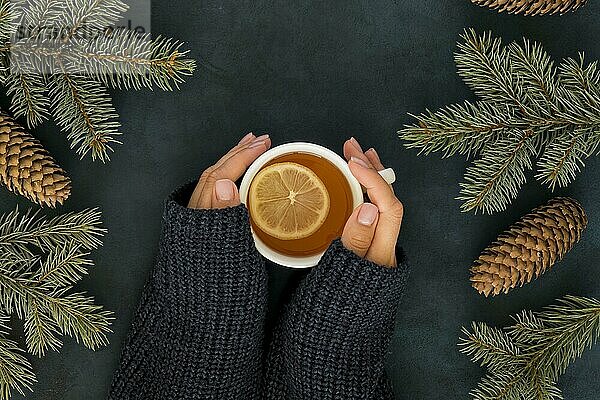 Niedliches Winterkonzept mit Frau  die eine Tasse Tee hält