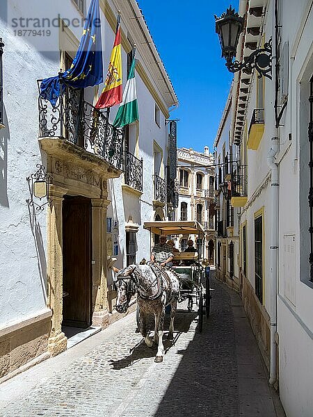 RONDA  ANDALUCIA  SPANIEN - 8. MAI: Touristen genießen eine Fahrt in einer Pferdekutsche in Ronda  Spanien  am 8. Mai 2014. Drei nicht identifizierte Personen  Europa