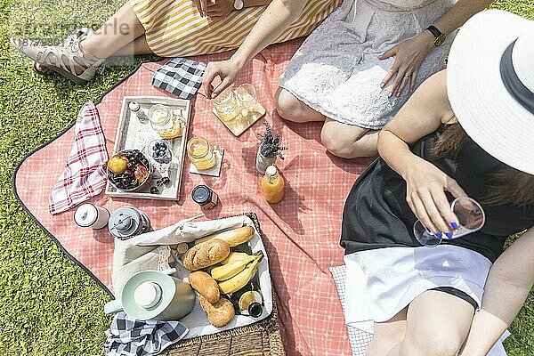 Draufsicht auf Freundinnen beim Picknick