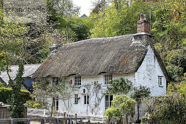 HELSTON  CORNWALL  UK - MAI 14 : Reetgedecktes Cottage in Helston  Cornwall am 14. Mai 2021