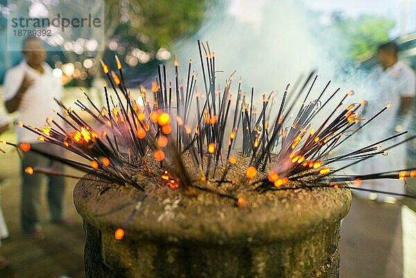 Gläubige verbrennen Räucherstäbchen als Zeremonie und tägliches Ritual an einem der heiligsten Orte Sri Lankas  dem Kataragama Tempel in der Provinz Uva