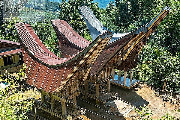 Weiler mit drei Reisscheunen im Stil eines traditionellen tongkonanischen Hauses. Die Wirtschaft der Torajan basierte auf der Landwirtschaft mit Nassreisanbau in Terrassenfeldern an Berghängen