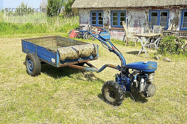 Zweirädriger Traktor vor einem Reetdachhaus auf der Warft auf der Hallig Langeneß in Nordfriesland  einem Teil Norddeutschlands. Die Hallig befindet sich im Wattenmeer in der Nordsee