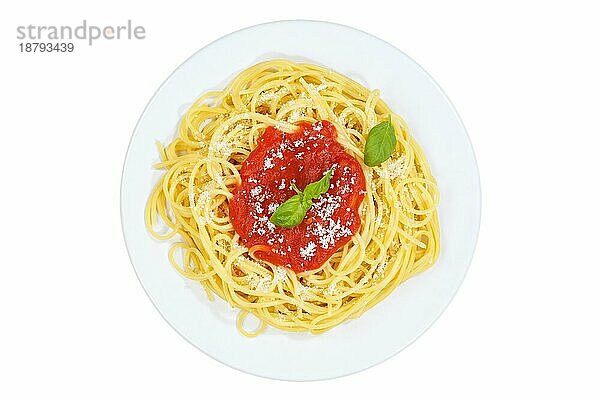 Spaghetti Freisteller freigestellt isoliert von oben essen italienische Pasta Mittagessen Gericht mit Tomaten Sauce in Stuttgart  Deutschland  Europa