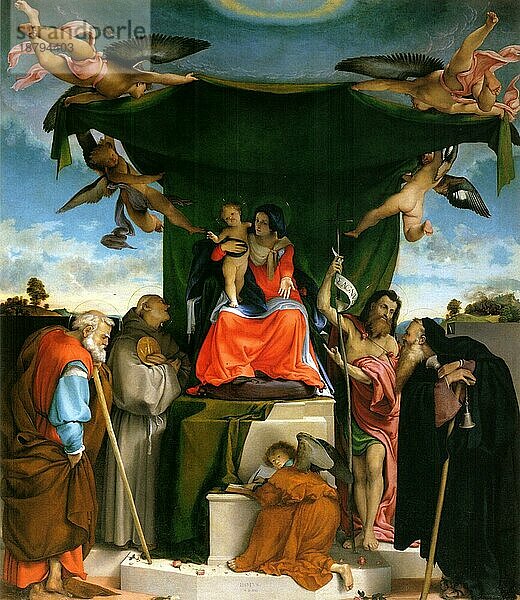 Thronende Madonna mit Kind und Heiligen  Gemälde von Lorenzo Lotto  Historisch  digital restaurierte Reproduktion von einer Vorlage aus dem 19. Jahrhundert