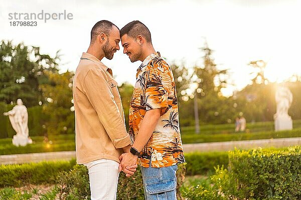 Romantisches Porträt eines schwulen Paares  das sich bei Sonnenuntergang in einem Park in der Stadt ansieht. Vielfalt und lgbt Konzept