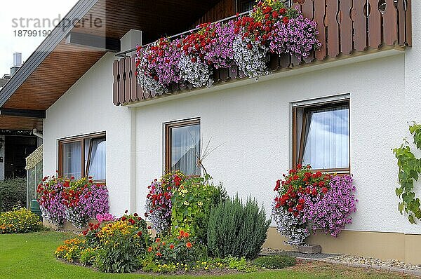 Baden-Württemberg  Schwarzwald Haus mit Blumengarten im Sommer  verschiedene Sommerblumen im Garten  Balkon mit Petunien und Geranien  Petunien und Geranien am Fenster außen