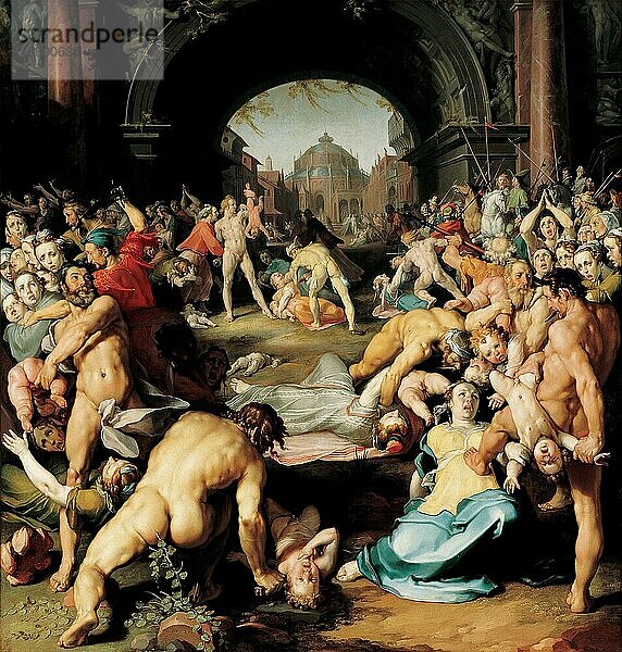 Das Massaker an den Unschuldigen  Gemälde von Cornelis Cornelisz van Haarlem  um 1591  Historisch  digital restaurierte Reproduktion von einer Vorlage aus dem 19. Jahrhundert