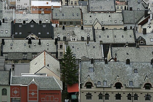 Blick auf schiefergedeckte Dächer im Zentrum von Alesund  Norwegen  Europa