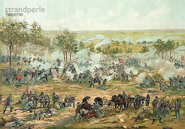 The Battle of Gettysburg took place from 1 to 3 July 1863 near the small town of Gettysburg in Pennsylvania a few kilometres north of the Maryland border during the War of Secession  one of the bloodiest battles on the American continent  Historic  digitally restored reproduction from an original of the time.  Die Schlacht von Gettysburg fand vom 1. bis zum 3. Juli 1863 bei der Kleinstadt Gettysburg in Pennsylvania wenige Kilometer nördlich der Grenze zu Maryland während des Sezessionskrieges statt  eine