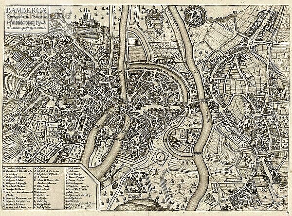 Stadtplan  um 1700  Bamberg  Oberfranken  Bayern  Deutschland  Historisch  digital restaurierte Reproduktion von einer Vorlage aus dem 19. Jahrhundert  Europa