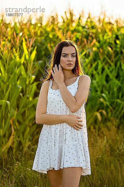 Junge schöne Frau im weißen Kleid im Maisfeld