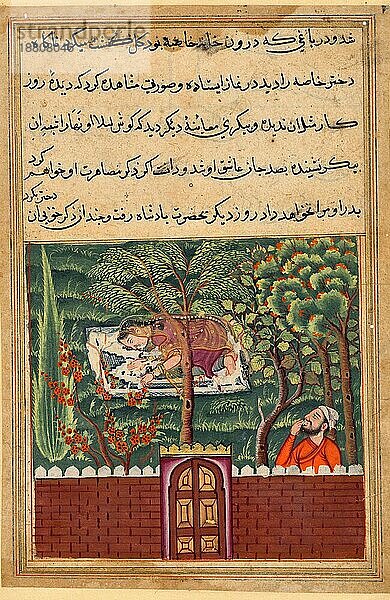Khulasa  ein Wesir  sieht die Tochter von Khassa  einem anderen Wesir  und begehrt sie  aus einem Tuti-nama  Tales of a Parrot. Tutinama  Geschichten eines Papageis  ist eine Serie von 52 Geschichten in persischer Sprache aus dem 14. Jahrhundert  im 16. Jahrhundert gab Mogul Kaiser Agbar eine illustrierte Fassung in Auftrag  Einundfünfzigste Nacht  um 1560. Mogul-Indien  Hof von Akbar (regierte 1556-1605)  Historisch  digital restaurierte Reproduktion von einer Vorlage aus der damaligen Zeit