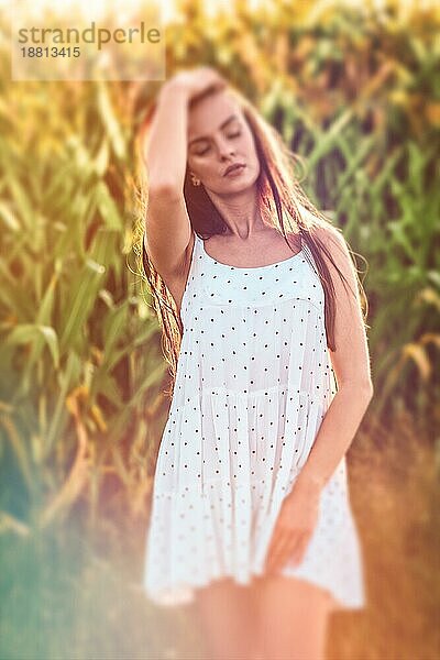 Junge schöne Frau im weißen Kleid im Maisfeld