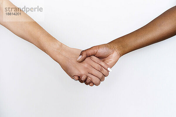 Zugeschnittenes Bild von Freunden  die sich an den Händen halten  vor weißem Hintergrund