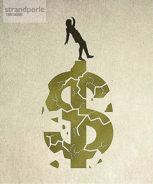 Illustration einer Frau  die auf einem zerfallenden Dollarsymbol steht