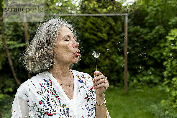 Ältere Frau bläst Löwenzahn-Blase im Garten
