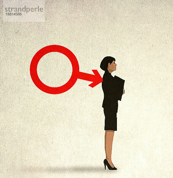 Illustration of businesswoman stabbed in back by male symbol