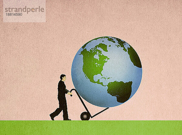 Illustration einer Person  die den Planeten Erde auf einem Schubkarren transportiert