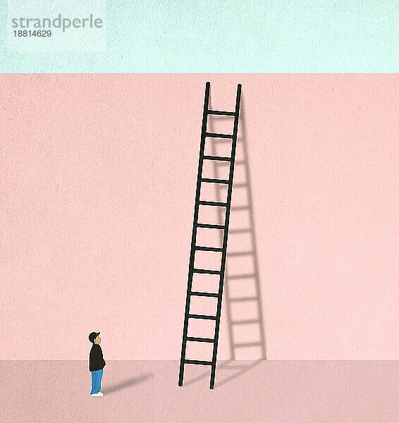 Illustration of small boy looking at ladder