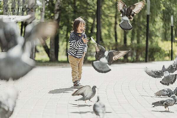 Junge schreit inmitten fliegender Tauben im Park