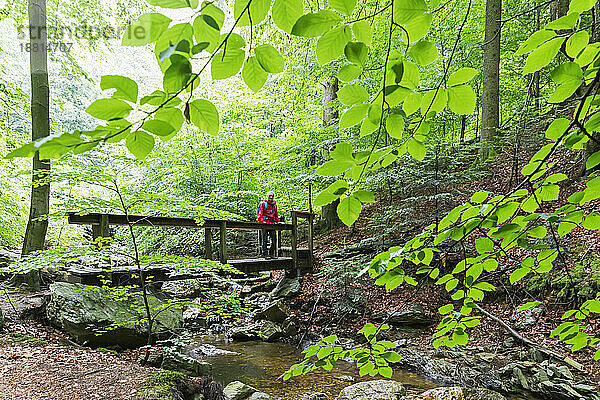 Reife Frau steht auf einer Brücke im Wald