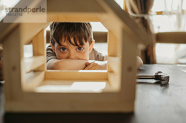 Junge schaut zu Hause durch ein hölzernes Vogelhaus