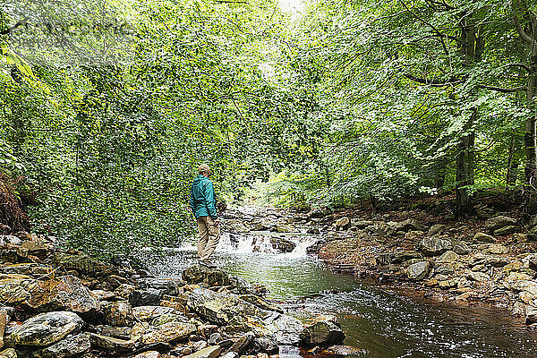 Älterer Mann steht auf einem Felsen am Fluss im Wald