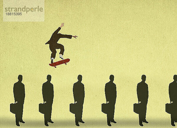 Illustration eines Mannes  der über in der Schlange wartende Geschäftsleute Skateboard fährt