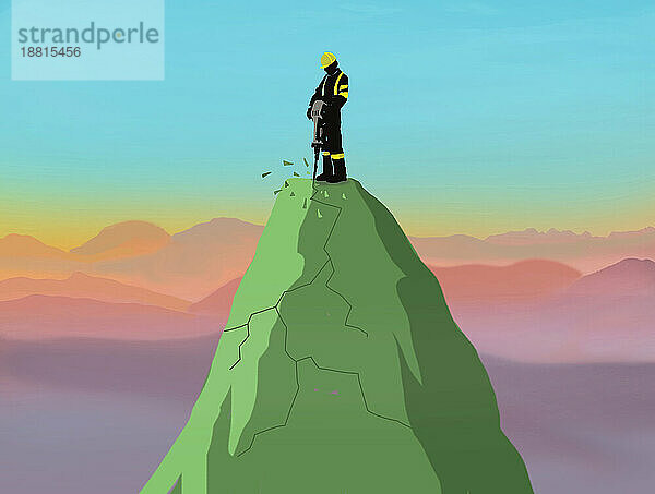 Illustration eines Bauarbeiters  der mit einem Presslufthammer den Berggipfel bohrt