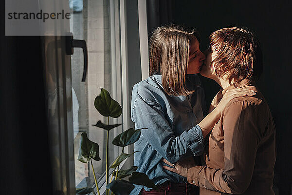 Liebevolles lesbisches Paar  das sich zu Hause küsst