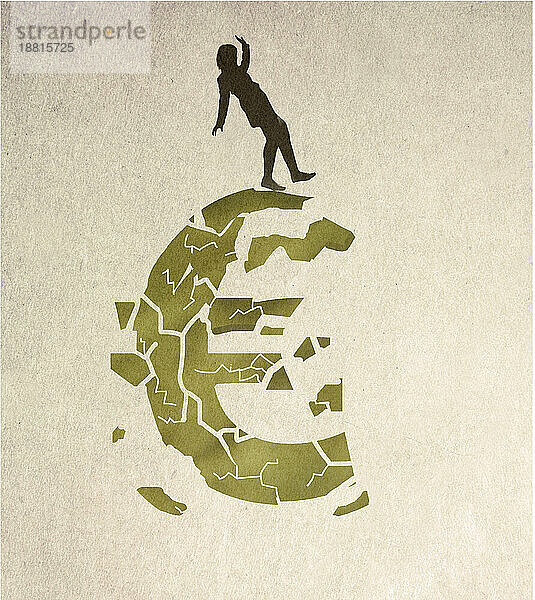 Illustration einer Frau  die auf einem zerfallenden Euro-Symbol steht