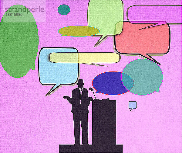 Illustration leerer Sprechblasen über einem männlichen Redner