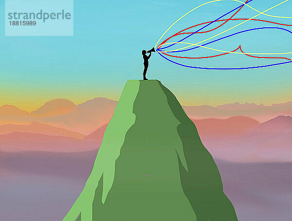Illustration einer Sprecherin mit Megaphon auf einem Berggipfel
