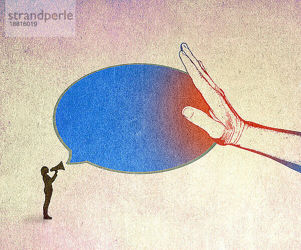 Illustration of hand stopping speech bubble of female speaker