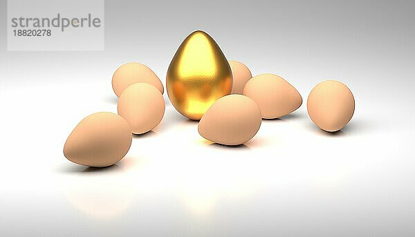 Ein goldenes Osterei mit vielen natürlichen braunen Eiern auf einem Studiohintergrund  3d Rendering