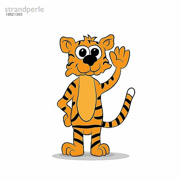 Niedlicher Cartoon Tiger mit winkender Hand auf weißem Hintergrund  Vektor Illustration