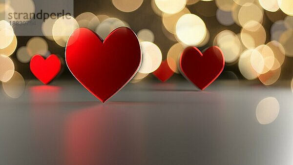 Rote Herzformen mit Bokeheffekt und Reflexionen  3d Rendering  Liebe oder Valentinstag Konzept