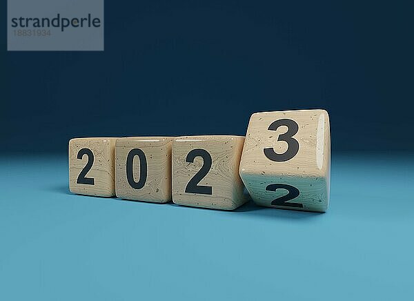 Flipping Holzwürfel mit der Jahreszahl 2022 und 2023  Neujahrskonzept  3d Rendering