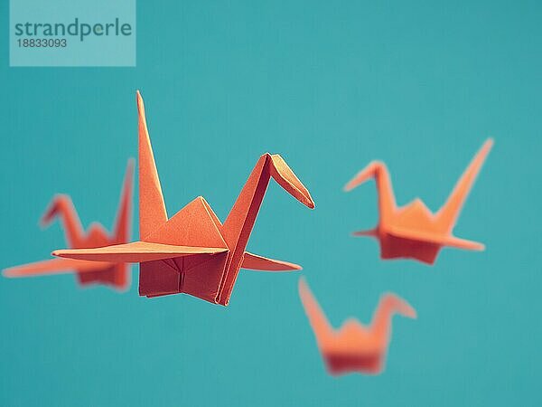 Vier Origami Kraniche auf einem blaün Hintergrund  Glück oder Erfolg Konzept