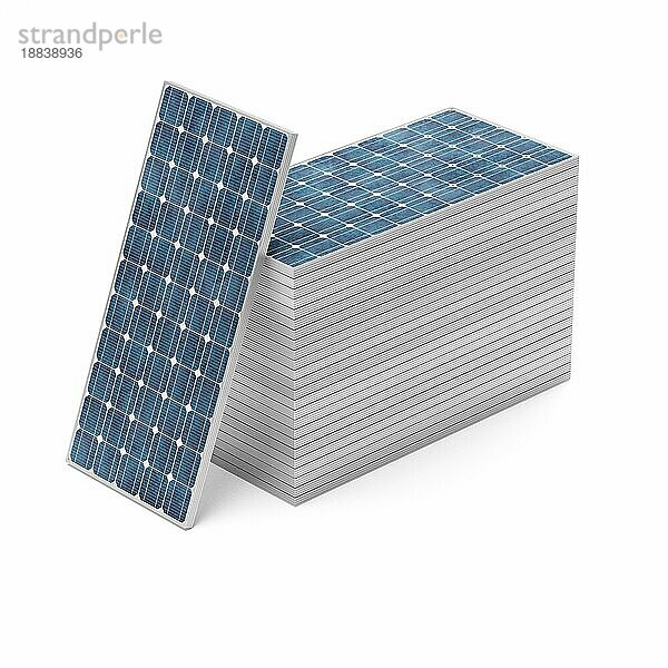 Viele Solarmodule auf einem weißen Hintergrund gestapelt  erneuerbare Energie Konzept  Energiewende  3d Rendering