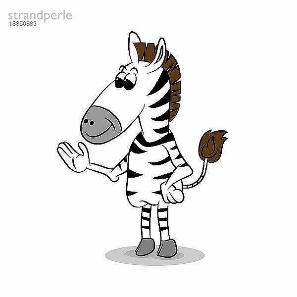 Cute Cartoon Zebra mit einer winkenden Hand auf einem weißen Hintergrund  Vektor Illustration