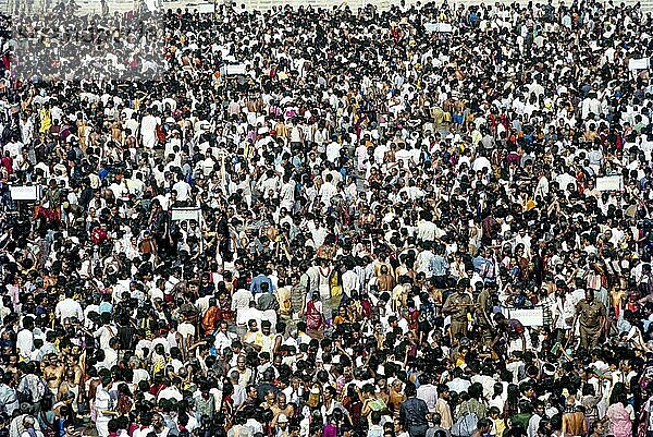 Besprengen der Menschen mit Brahmma theertham (heiliges Wasser) während des Mahamakham Festes in Kumbakonam  Tamil Nadu  Indien  Asien