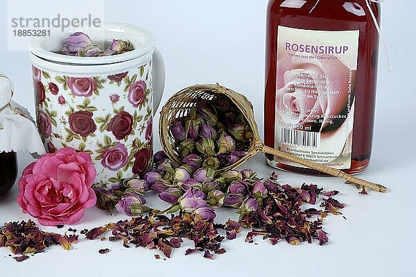 Verschiedene Rosenprodukte (Rosa)  Rosenblüten  Rosensirup