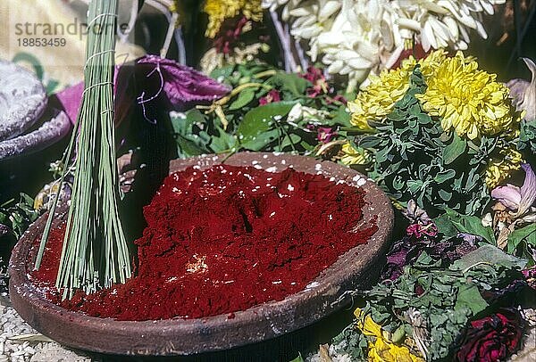 Kum kum und Halfa-Gras (Desmostachya bipinnata) für die Durchführung von Pooja  Tamil Nadu  Süd-Indien  Indien  Asien